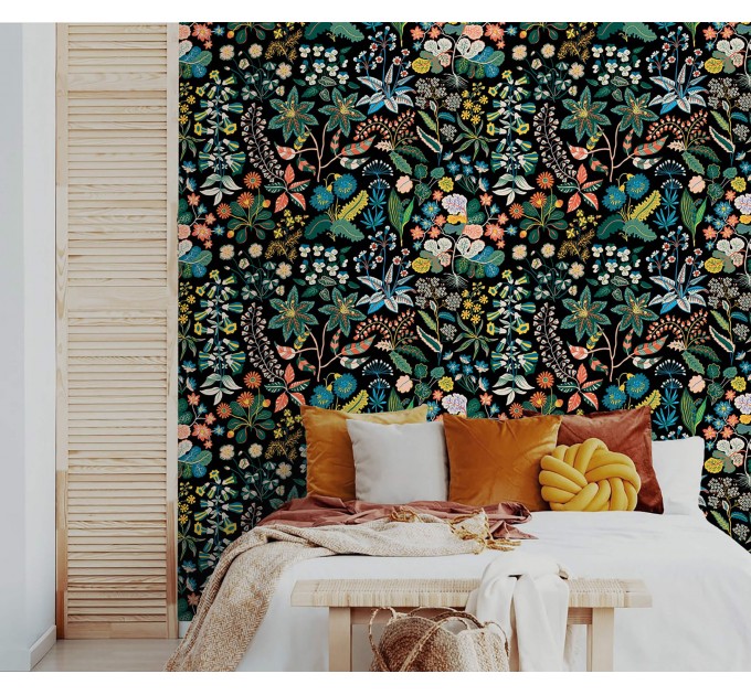 Dark floral wallpaper botanical, leaves flowers and herbs