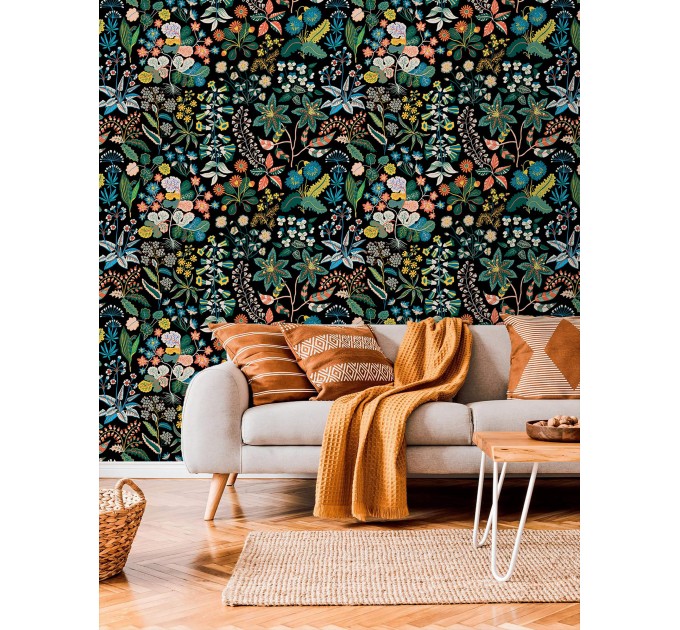 Dark floral wallpaper botanical, leaves flowers and herbs