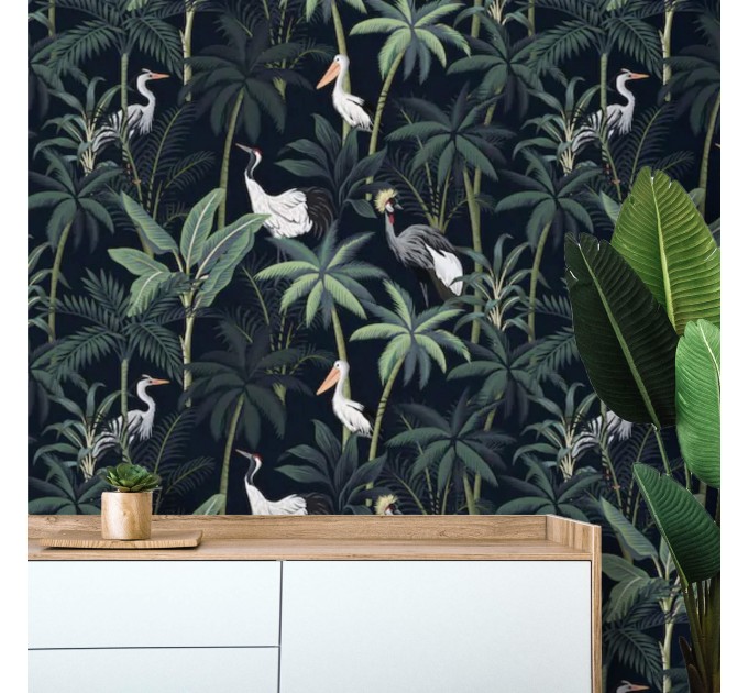 Dark tropical wallpaper with birds