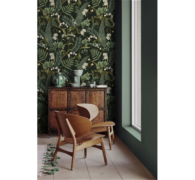 Dark botanical wallpaper herbs, Moody greenery wall covering