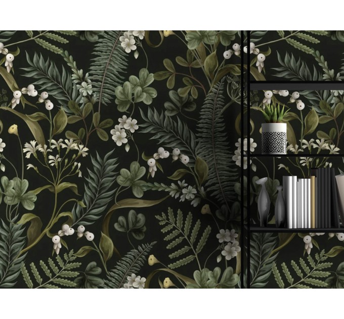 Dark botanical wallpaper herbs, Moody greenery wall covering