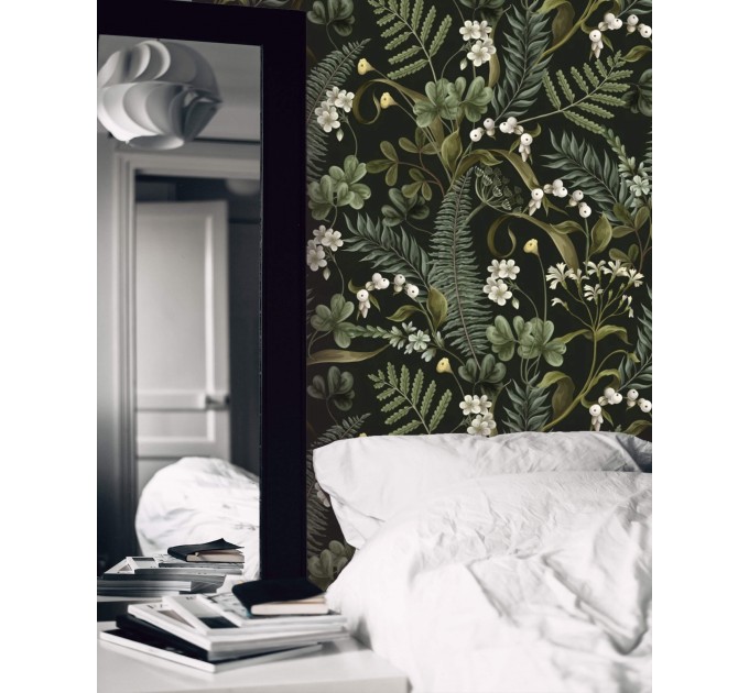 Dark botanical wallpaper herbs, Moody greenery wall covering