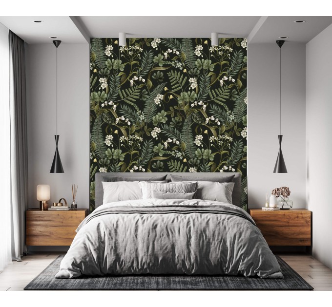 Dark botanical wallpaper herbs, Moody greenery wall covering