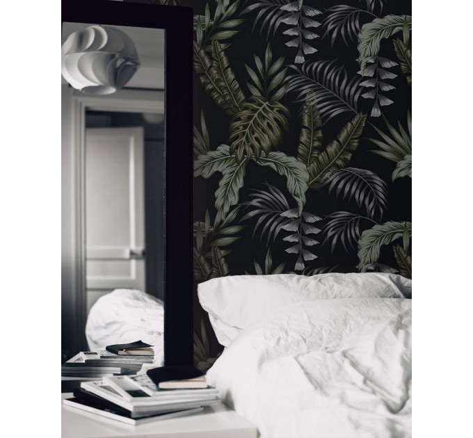 Dark moody tropical wallpaper leaves, dark academia style