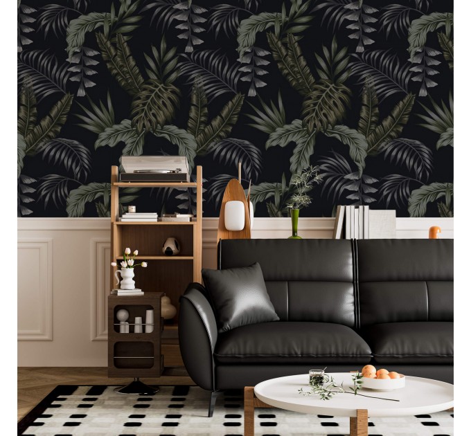 Dark moody tropical wallpaper leaves, dark academia style