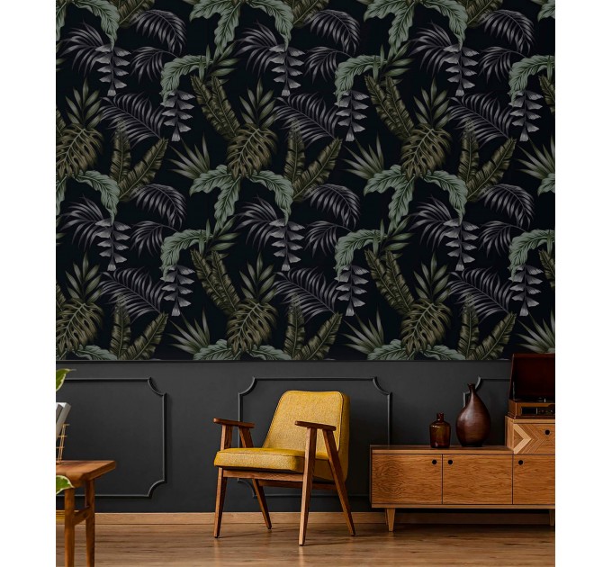 Dark moody tropical wallpaper leaves, dark academia style