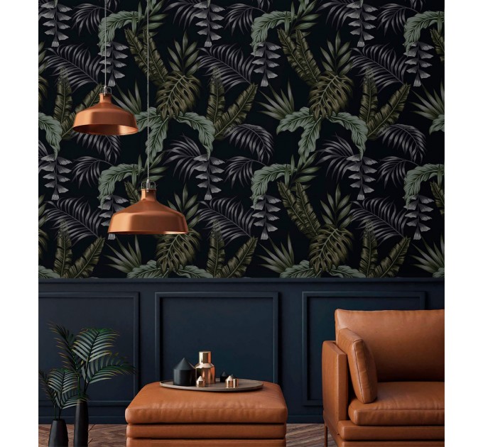 Dark moody tropical wallpaper leaves, dark academia style