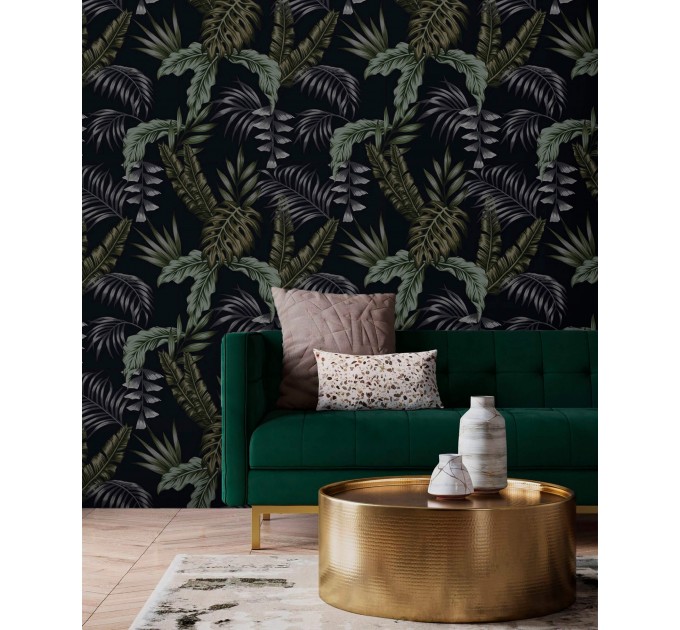 Dark moody tropical wallpaper leaves, dark academia style