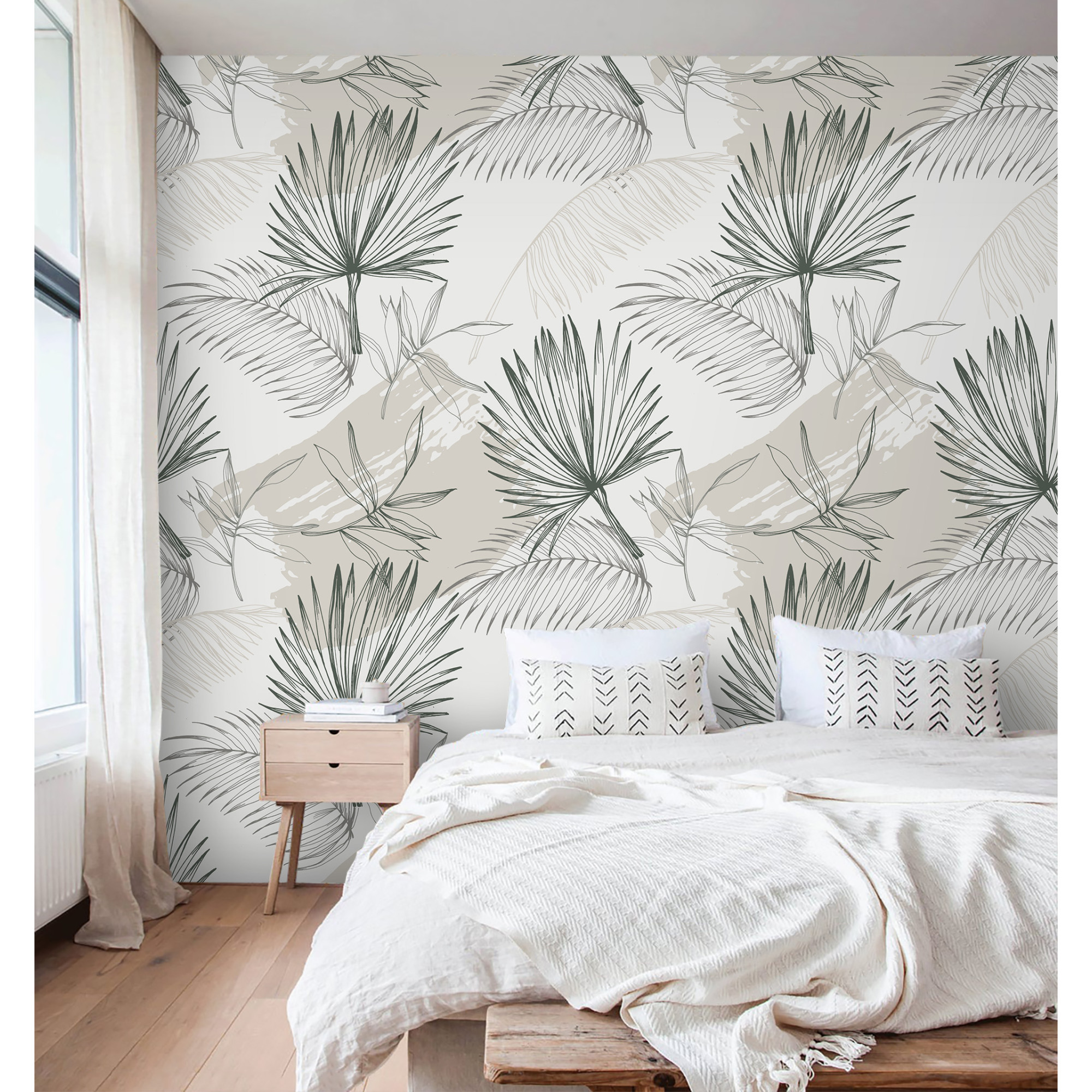 Modern tropical wallpaper, minimalist palm leaves wall decor