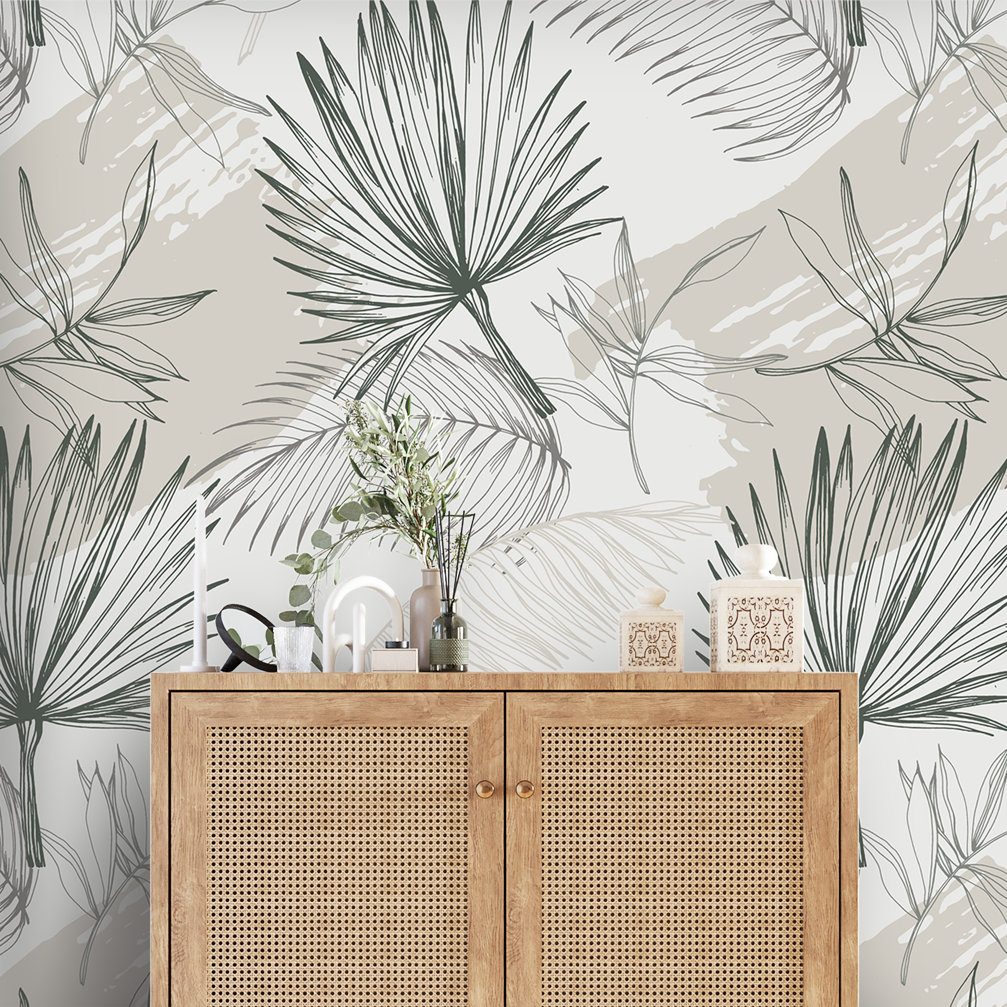 Modern tropical wallpaper, minimalist palm leaves wall decor