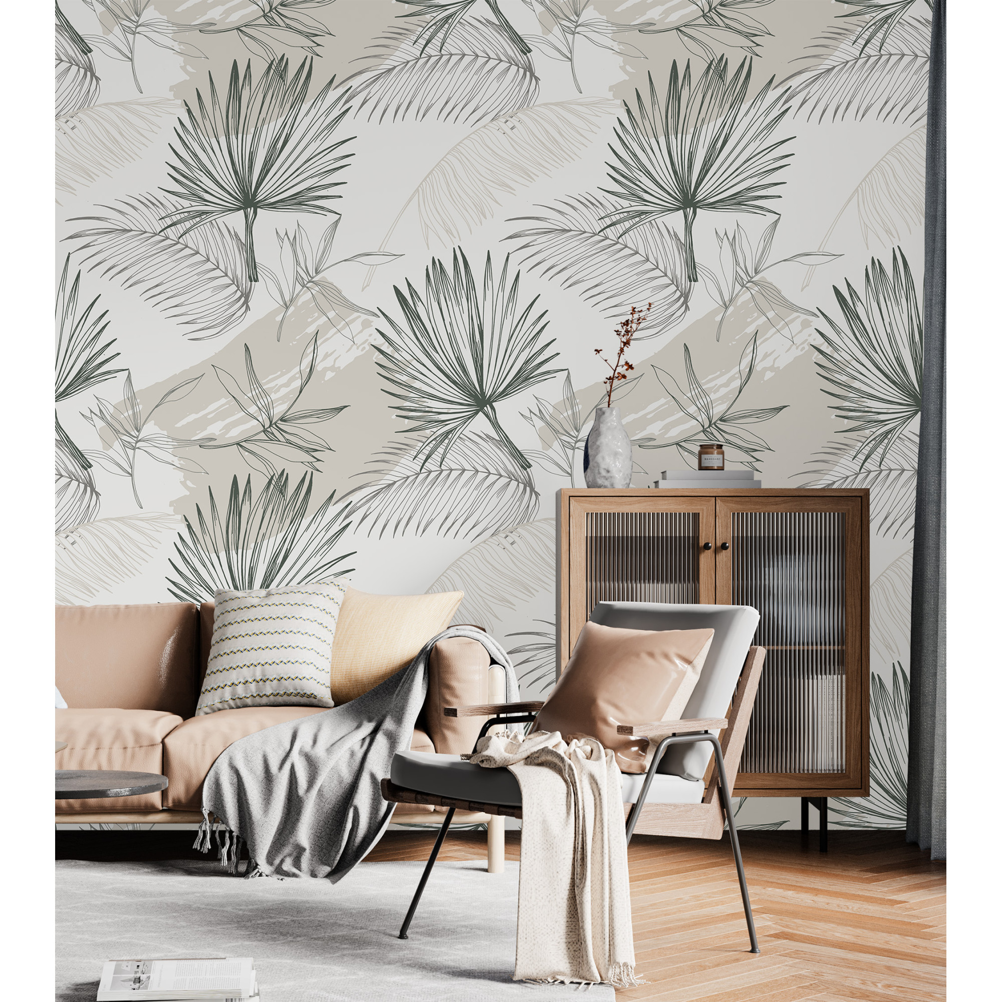 Modern tropical wallpaper, minimalist palm leaves wall decor