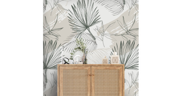 Modern tropical wallpaper, minimalist palm leaves wall decor
