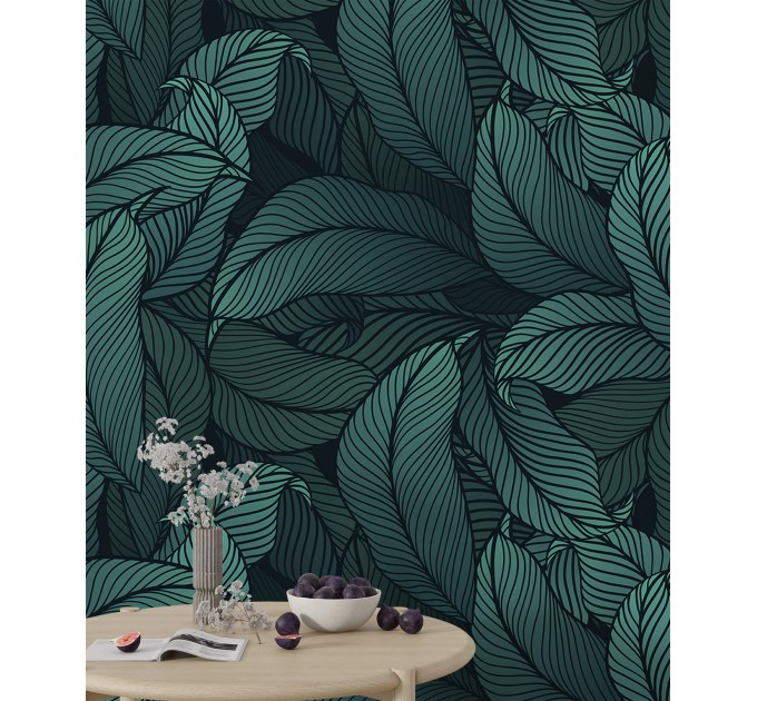 Dark blue teal wallpaper large leaves