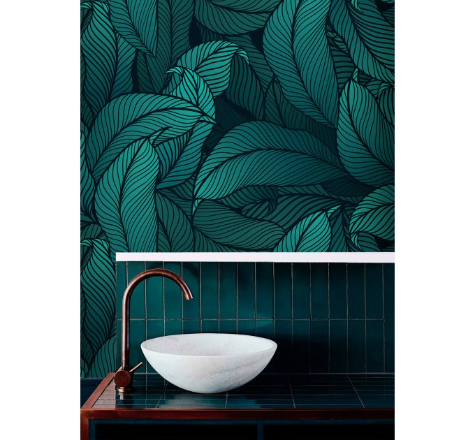 Dark blue teal wallpaper large leaves