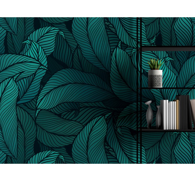 Dark blue teal wallpaper large leaves