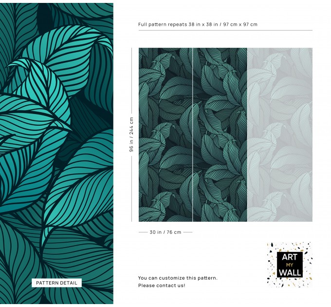 Dark blue teal wallpaper large leaves