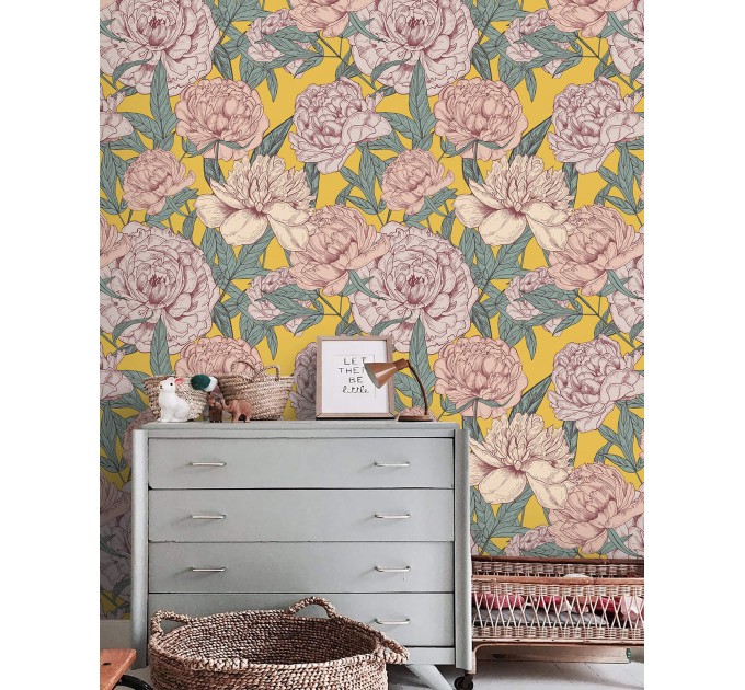 Vintage floral wallpaper, large peony flowers decor
