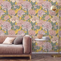 Vintage floral wallpaper, large peony flowers decor