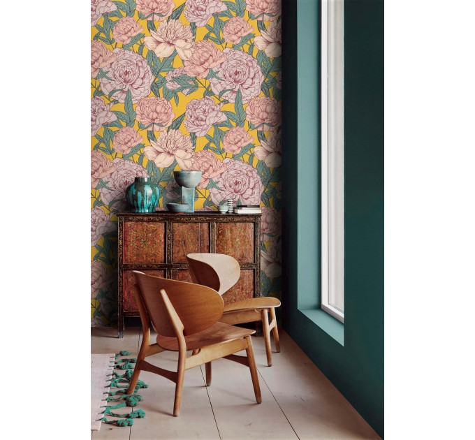 Vintage floral wallpaper, large peony flowers decor