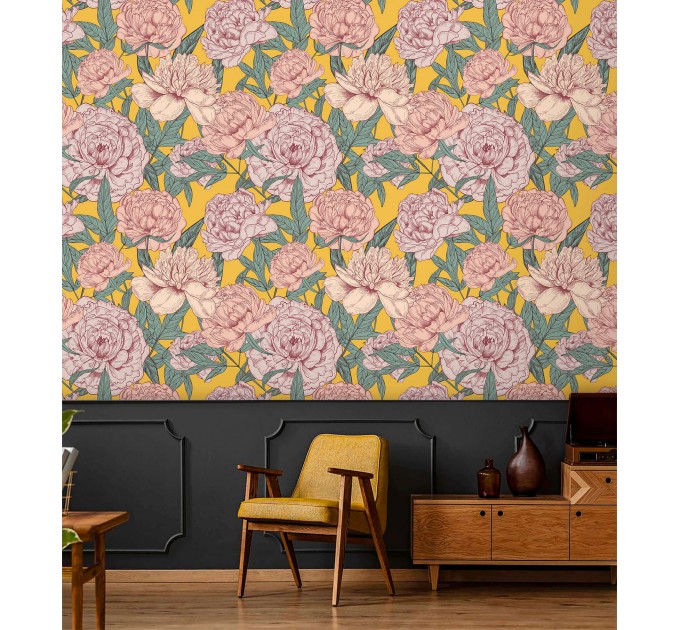 Vintage floral wallpaper, large peony flowers decor