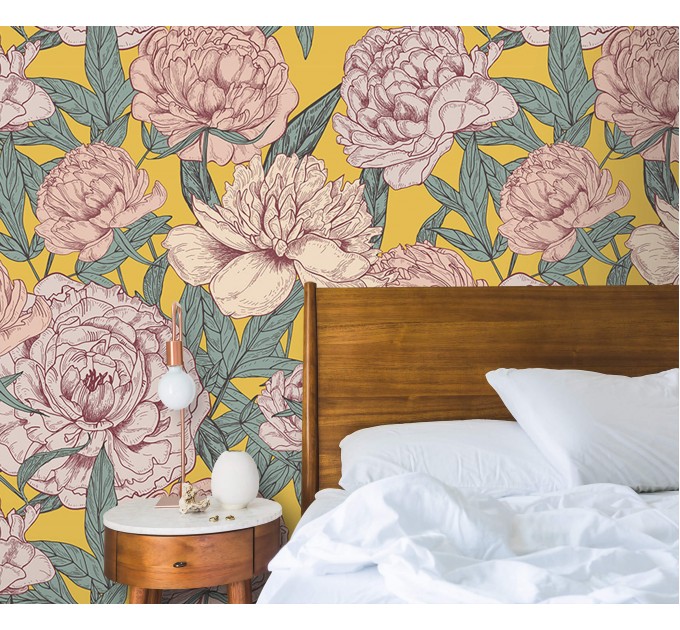 Vintage floral wallpaper, large peony flowers decor
