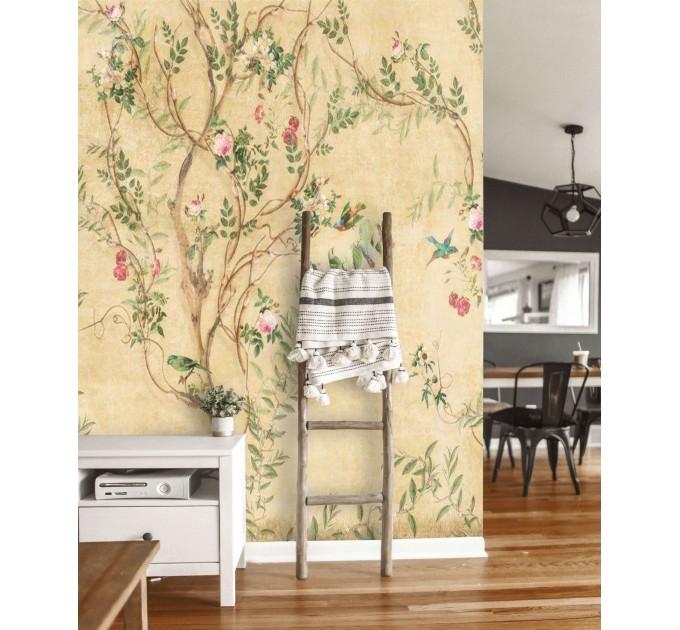 Chinoiserie wallpaper mural blooming tree with birds