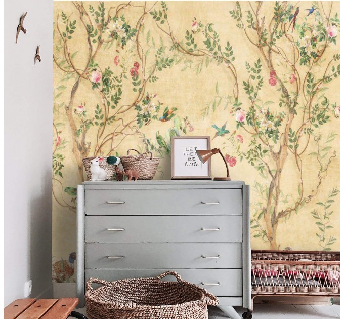 Chinoiserie wallpaper mural blooming tree with birds