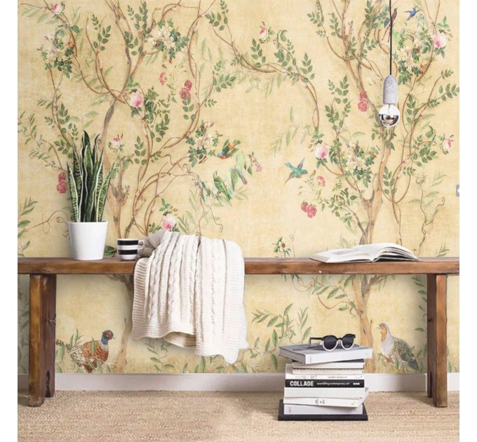 Chinoiserie wallpaper mural blooming tree with birds