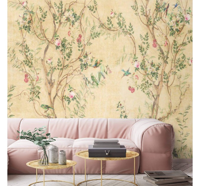 Chinoiserie wallpaper mural blooming tree with birds