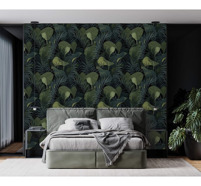 Dark botanical wallpaper green large leaves