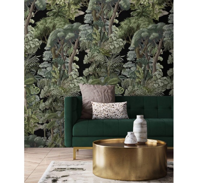 Wallpaper with trees and leaves, dark botanical wallpaper
