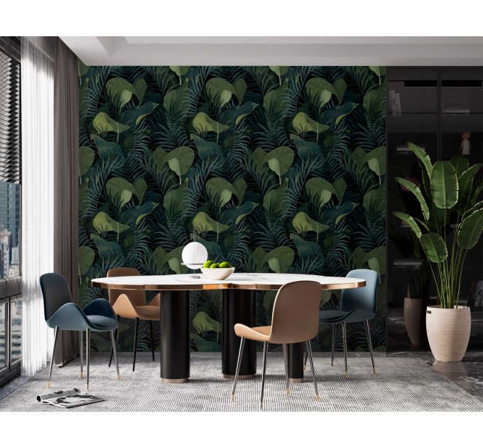 Dark botanical wallpaper green large leaves