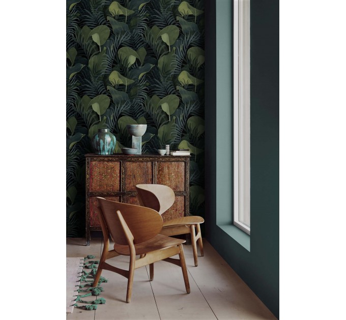 Dark botanical wallpaper green large leaves