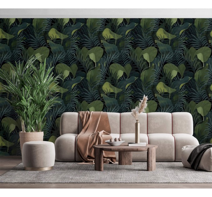 Dark botanical wallpaper green large leaves