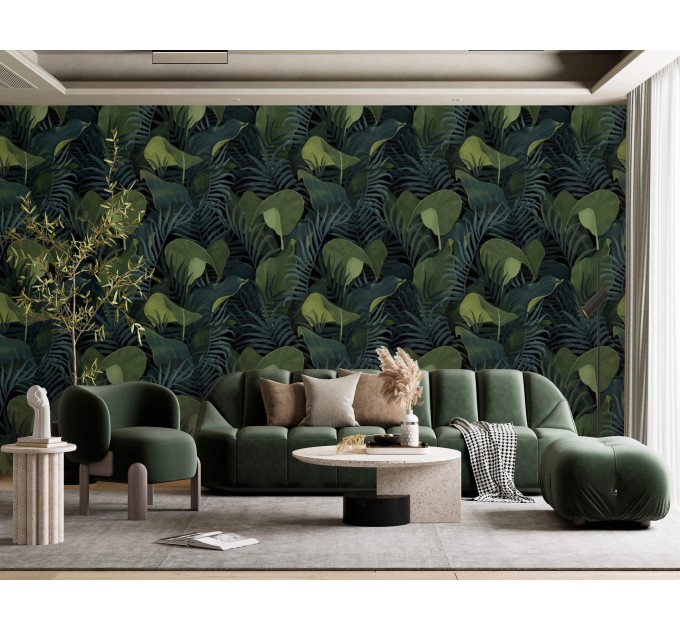 Dark botanical wallpaper green large leaves