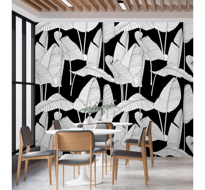 Wallpaper large banana leaves black and white