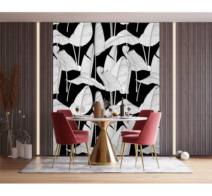Wallpaper large banana leaves black and white