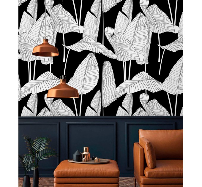 Wallpaper large banana leaves black and white