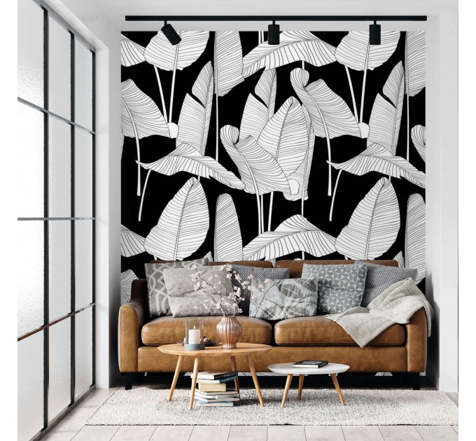 Wallpaper large banana leaves black and white