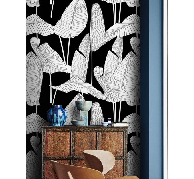 Wallpaper large banana leaves black and white
