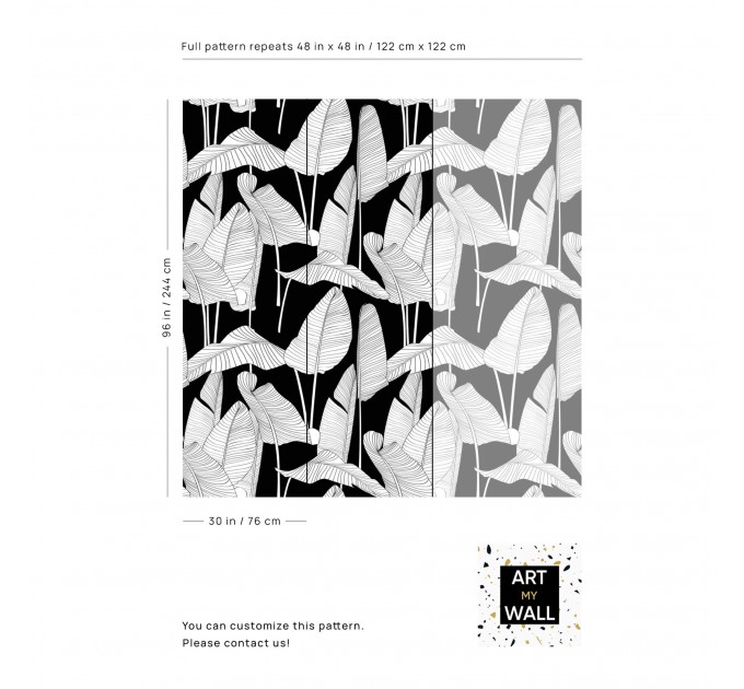 Wallpaper large banana leaves black and white