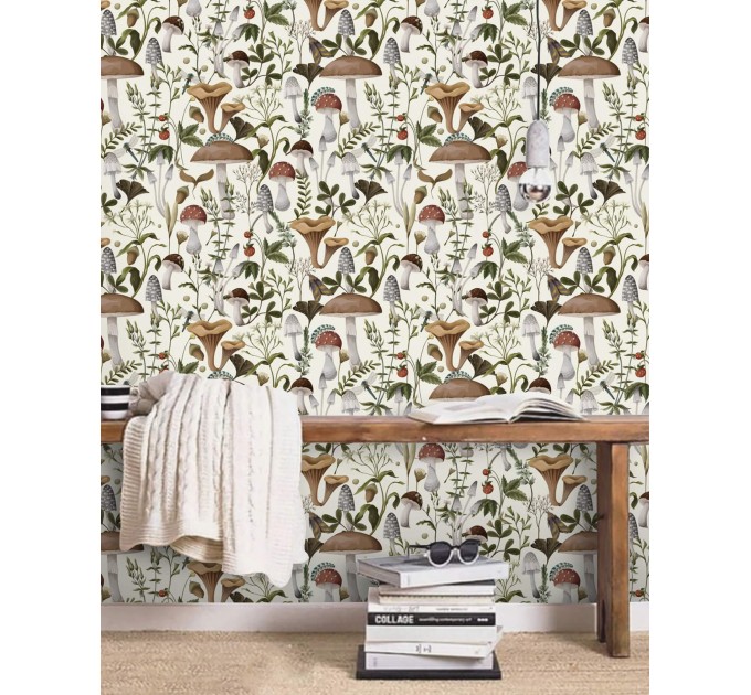 Wallpaper mushroom, woodland forest botanical wall covering