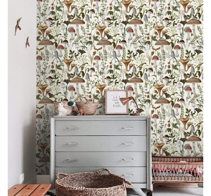 Wallpaper mushroom, woodland forest botanical wall covering