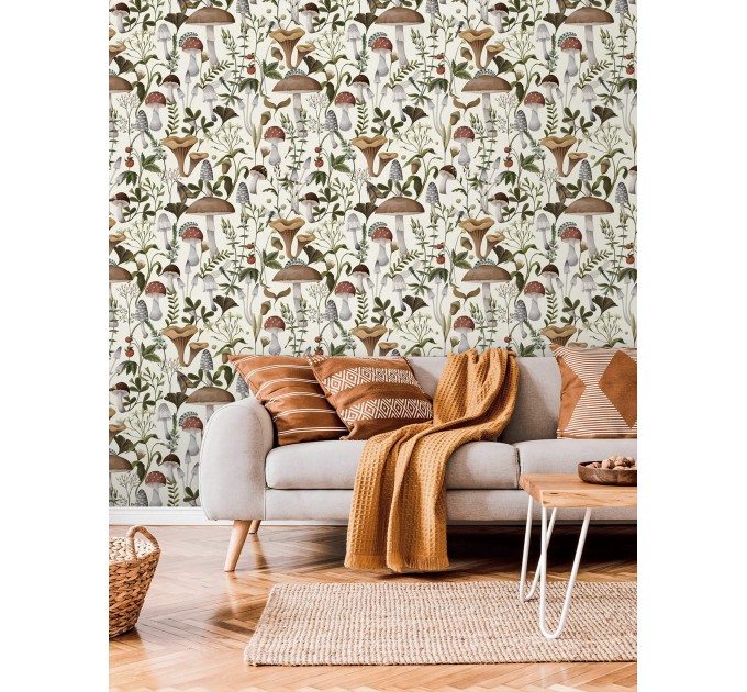 Wallpaper mushroom, woodland forest botanical wall covering