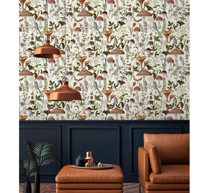 Wallpaper mushroom, woodland forest botanical wall covering