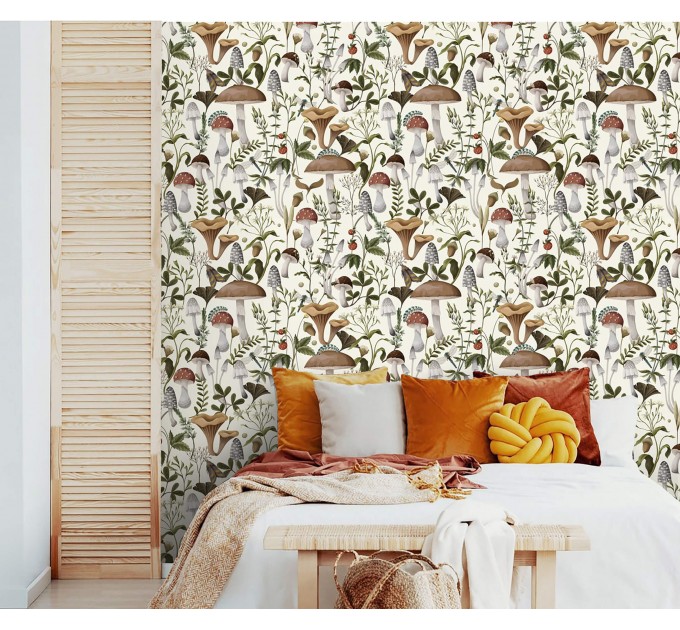 Wallpaper mushroom, woodland forest botanical wall covering