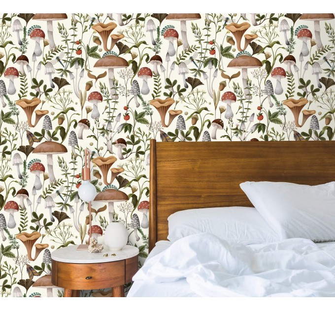 Wallpaper mushroom, woodland forest botanical wall covering