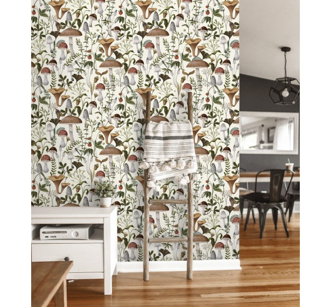 Wallpaper mushroom, woodland forest botanical wall covering