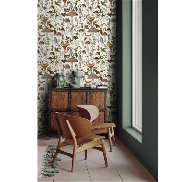 Wallpaper mushroom, woodland forest botanical wall covering
