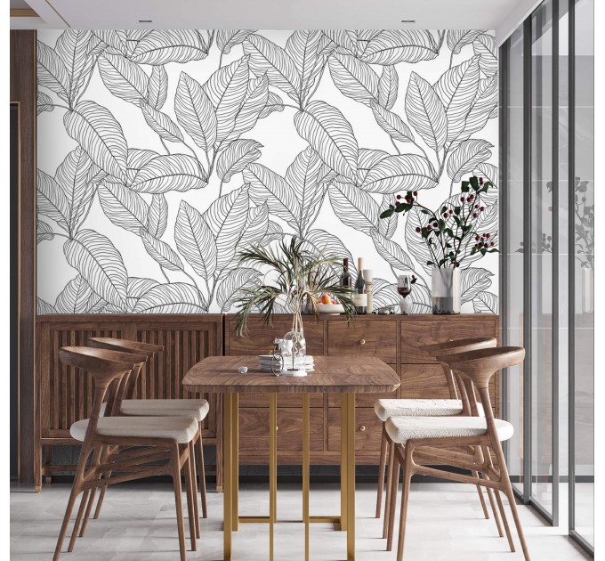 Minimalist botanical wallpaper linear leaves black and white